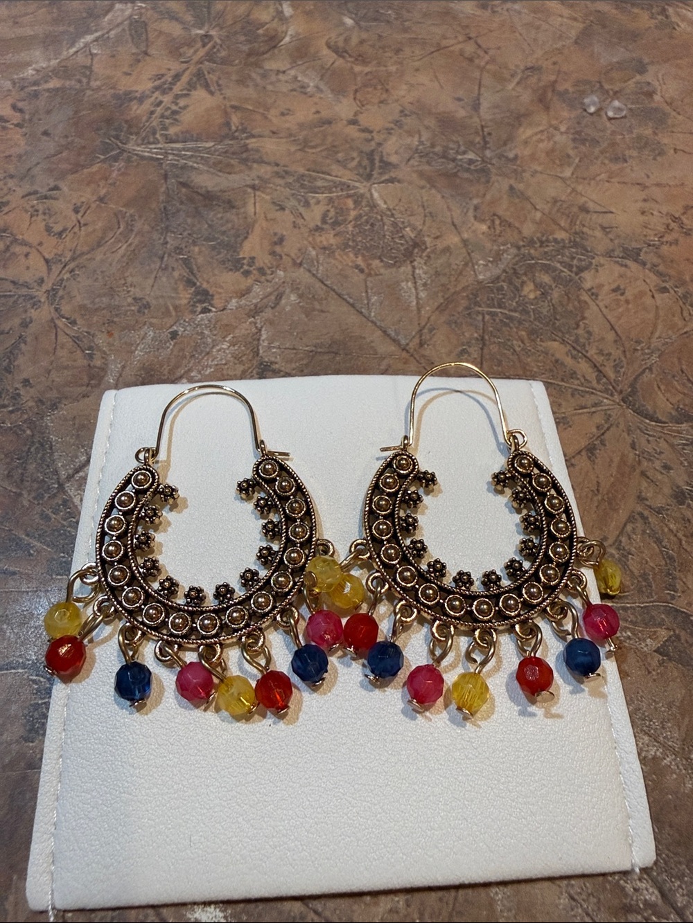Bohemian Multicolor Beaded Hoop Earrings - Gold Tone with case never worn